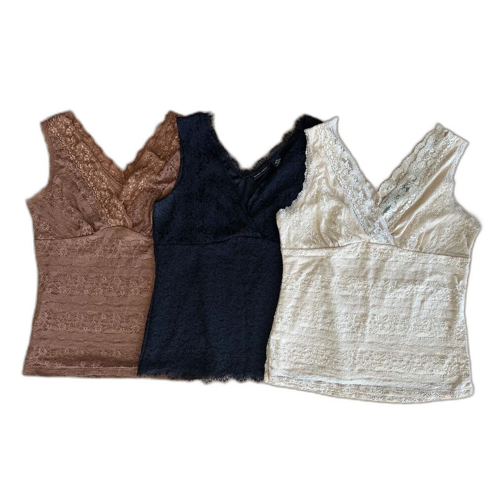 Lot of 3 Vintage Lace Camisole Tops V-Neck Tank size L Whimsigoth Y2K Neutral